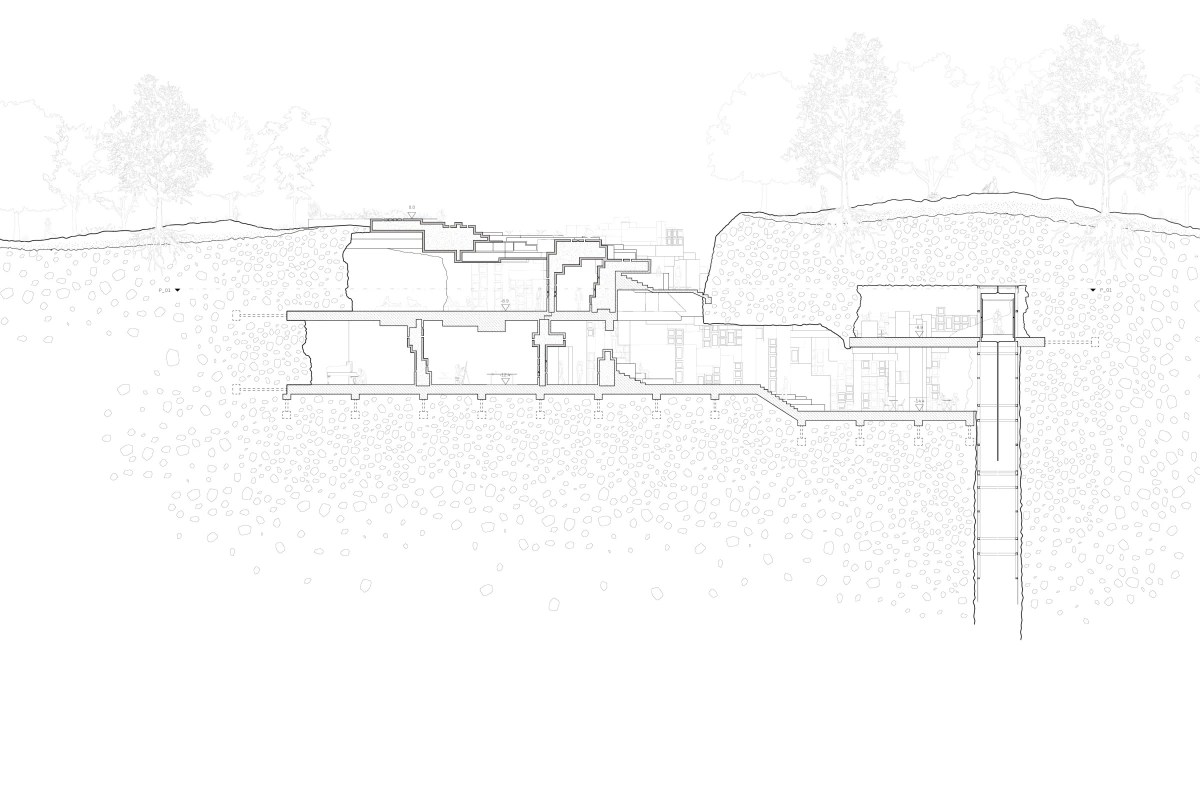 Section through quarry, listening space and lift shaft